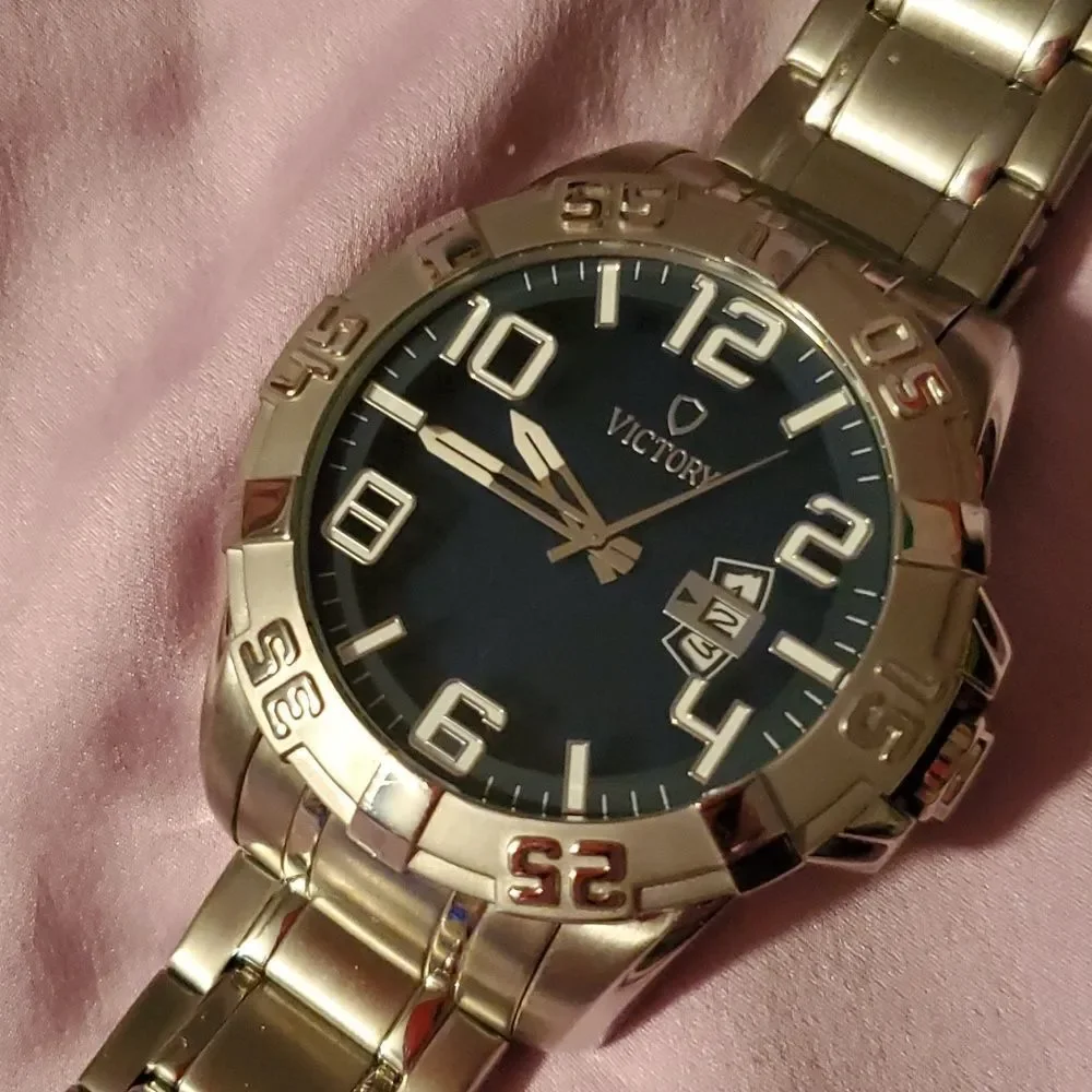 Mens Large Victory Instruments 1197 Chrono Watch Silver & Blue Date Window Bezel